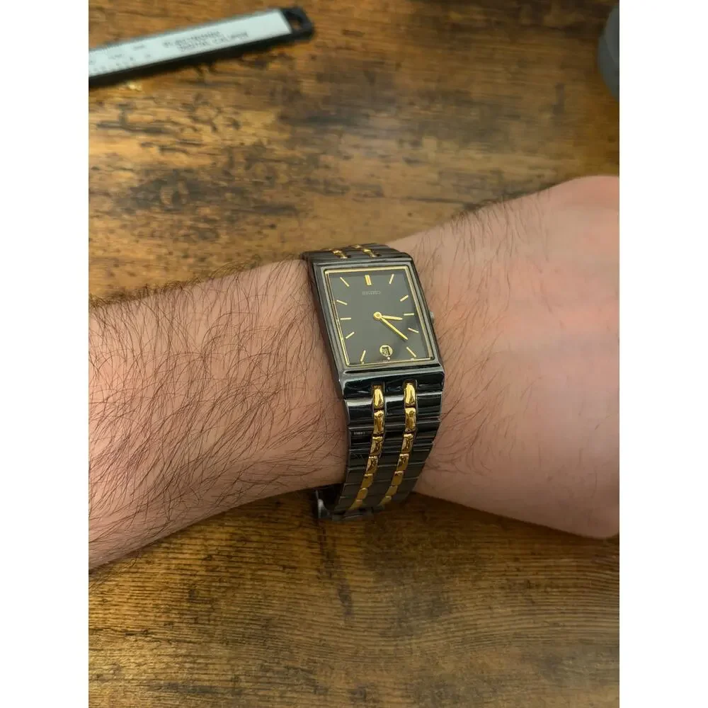 Seiko V330-4421 Black Gold Two-Tone Rectangular Quartz Watch